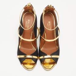Pre Owned Malone Souliers Gold/Black Satin and Leather Mika Triple Band Sandals Size 37