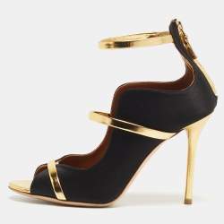 Malone Souliers Gold/Black Satin and Leather Mika Triple Band Sandals Size 37