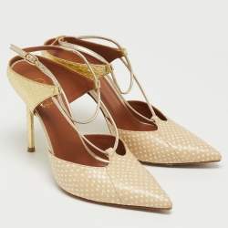 Pre Owned Malone Souliers Beige/Gold Printed Leather and Embossed Python Daria Pumps Size 37