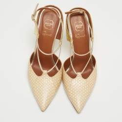 Pre Owned Malone Souliers Beige/Gold Printed Leather and Embossed Python Daria Pumps Size 37