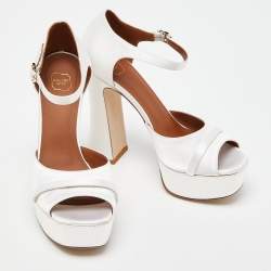 Pre Owned Malone Souliers White Satin Yuri Platform Sandals Size 35.5