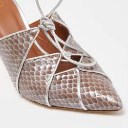 مملوكة مسبقًا Malone Souliers Silver/Brown Snakeskin and Leather Lulu Tie Mules Size 38