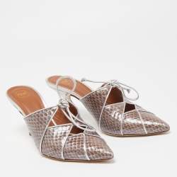 مملوكة مسبقًا Malone Souliers Silver/Brown Snakeskin and Leather Lulu Tie Mules Size 38