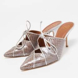 مملوكة مسبقًا Malone Souliers Silver/Brown Snakeskin and Leather Lulu Tie Mules Size 38