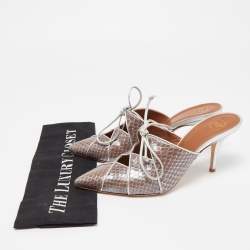 مملوكة مسبقًا Malone Souliers Silver/Brown Snakeskin and Leather Lulu Tie Mules Size 38