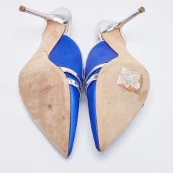 Pre Owned Malone Souliers By Roy Luwolt Blue/Silver Satin and Leather Hayley Mules Size 38