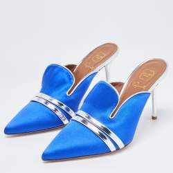 Pre Owned Malone Souliers By Roy Luwolt Blue/Silver Satin and Leather Hayley Mules Size 38