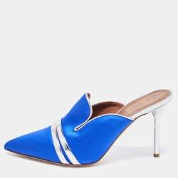 Pre Owned Malone Souliers By Roy Luwolt Blue/Silver Satin and Leather Hayley Mules Size 38