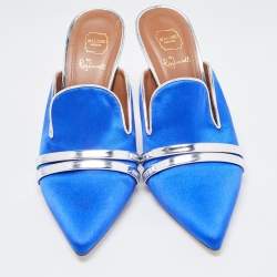 Pre Owned Malone Souliers By Roy Luwolt Blue/Silver Satin and Leather Hayley Mules Size 38