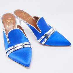 Pre Owned Malone Souliers By Roy Luwolt Blue/Silver Satin and Leather Hayley Mules Size 38