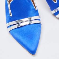 Pre Owned Malone Souliers By Roy Luwolt Blue/Silver Satin and Leather Hayley Mules Size 38