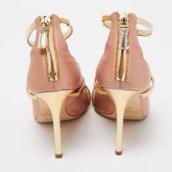 Pre Owned Malone Souliers Pink/Gold Satin and Leather Robyn Pumps Size 37.5