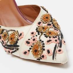 Pre Owned Malone Souliers Off White Satin Floral Embroidered Pointed Toe Mules Size 38
