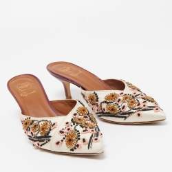 Pre Owned Malone Souliers Off White Satin Floral Embroidered Pointed Toe Mules Size 38
