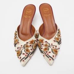 Pre Owned Malone Souliers Off White Satin Floral Embroidered Pointed Toe Mules Size 38