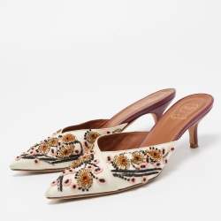 Pre Owned Malone Souliers Off White Satin Floral Embroidered Pointed Toe Mules Size 38
