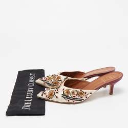 Pre Owned Malone Souliers Off White Satin Floral Embroidered Pointed Toe Mules Size 38