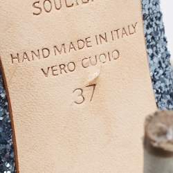 Pre Owned Malone Souliers Blue Coarse Glitter and Leather Maureen Mules Size 37