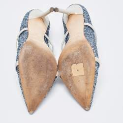 Pre Owned Malone Souliers Blue Coarse Glitter and Leather Maureen Mules Size 37