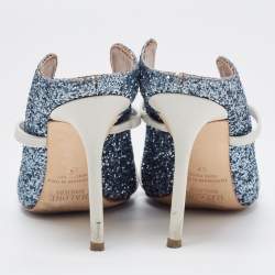 Pre Owned Malone Souliers Blue Coarse Glitter and Leather Maureen Mules Size 37
