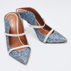 Pre Owned Malone Souliers Blue Coarse Glitter and Leather Maureen Mules Size 37