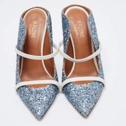 Pre Owned Malone Souliers Blue Coarse Glitter and Leather Maureen Mules Size 37