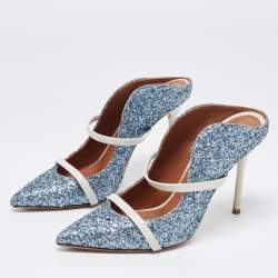 Pre Owned Malone Souliers Blue Coarse Glitter and Leather Maureen Mules Size 37