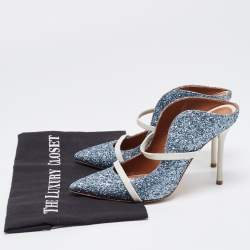 Pre Owned Malone Souliers Blue Coarse Glitter and Leather Maureen Mules Size 37