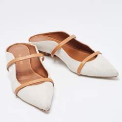 Pre Owned Malone Souliers White/Tan Canvas and Leather Maureen Flat Mules Size 36