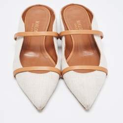 Pre Owned Malone Souliers White/Tan Canvas and Leather Maureen Flat Mules Size 36