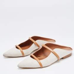 Pre Owned Malone Souliers White/Tan Canvas and Leather Maureen Flat Mules Size 36
