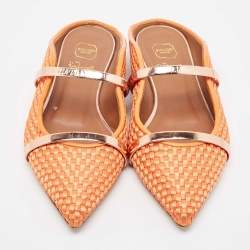 Pre Owned Malone Souliers Orange Woven Satin Maureen Flat Mules Size 36