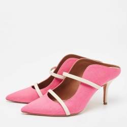 Pre Owned Malone Souliers Pink/White Canvas and Leather Maureen Mules Size 39.5