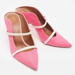 Pre Owned Malone Souliers Pink/White Canvas and Leather Maureen Mules Size 39.5