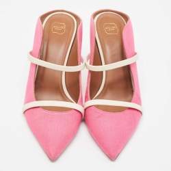 Pre Owned Malone Souliers Pink/White Canvas and Leather Maureen Mules Size 39.5