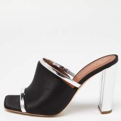 Pre Owned Malone Souliers Black/Silver Satin and Leather Laney Slide Sandals Size 38.5