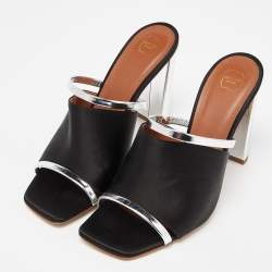 Pre Owned Malone Souliers Black/Silver Satin and Leather Laney Slide Sandals Size 38.5