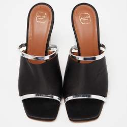 Pre Owned Malone Souliers Black/Silver Satin and Leather Laney Slide Sandals Size 38.5