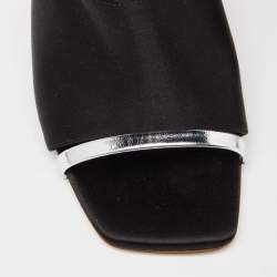 Pre Owned Malone Souliers Black/Silver Satin and Leather Laney Slide Sandals Size 38.5
