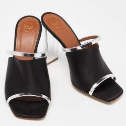 Pre Owned Malone Souliers Black/Silver Satin and Leather Laney Slide Sandals Size 38.5
