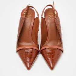 Pre Owned Malone Souliers Brown Croc Embossed Leather Marion Slingback Pumps Size 38