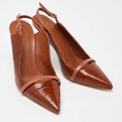 Pre Owned Malone Souliers Brown Croc Embossed Leather Marion Slingback Pumps Size 38