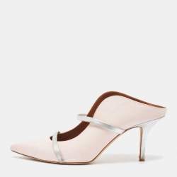 Pre Owned Malone Souliers Pink/Silver Fabric and Leather Maureen Mules Size 40.5