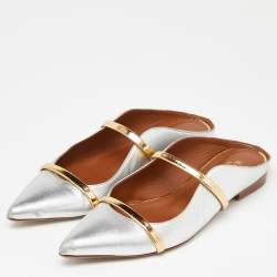 Pre Owned Malone Souliers Silver/Gold Leather Maureen Flat Mules Size 38.5