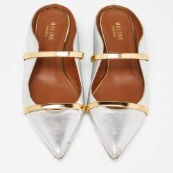 Pre Owned Malone Souliers Silver/Gold Leather Maureen Flat Mules Size 38.5