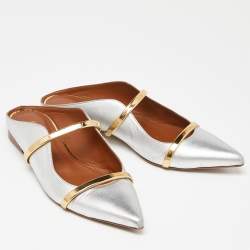 Pre Owned Malone Souliers Silver/Gold Leather Maureen Flat Mules Size 38.5