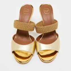 Pre Owned Malone Souliers Gold Textured Leather and Woven Lurex Fabric Milena Sandals Size 37