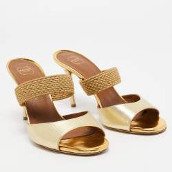 Pre Owned Malone Souliers Gold Textured Leather and Woven Lurex Fabric Milena Sandals Size 37