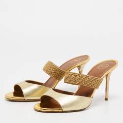 Pre Owned Malone Souliers Gold Textured Leather and Woven Lurex Fabric Milena Sandals Size 37