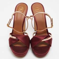 Pre Owned Malone Souliers Burgundy/Gold Satin Miranda Ankle Strap Sandals Size 41